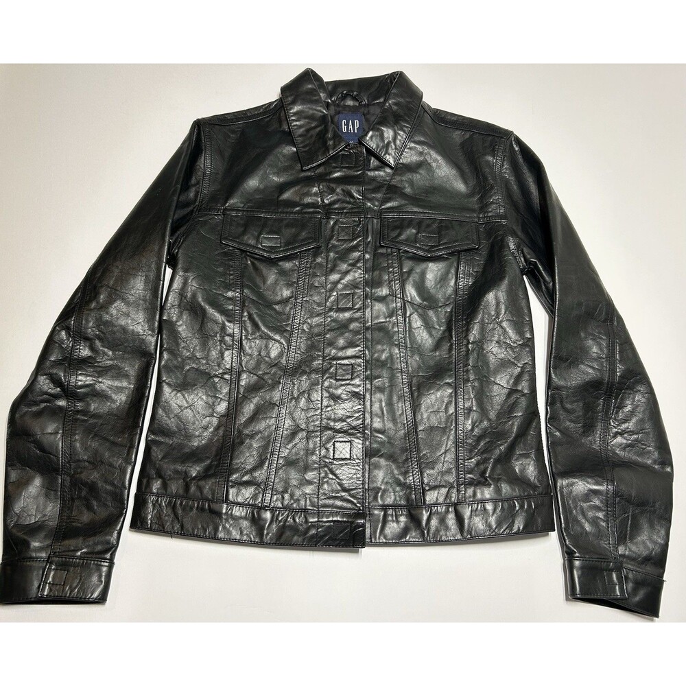 Classic Vintage Gap 90s Women’s Black Leather Trucker Moto Jacket Size M